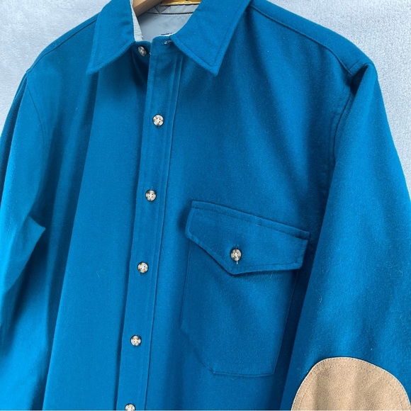 Vintage Pendleton Lobo Long Sleeve Shirt Blue Medium Elbow Patch Pure Wool - Picture 4 of 12